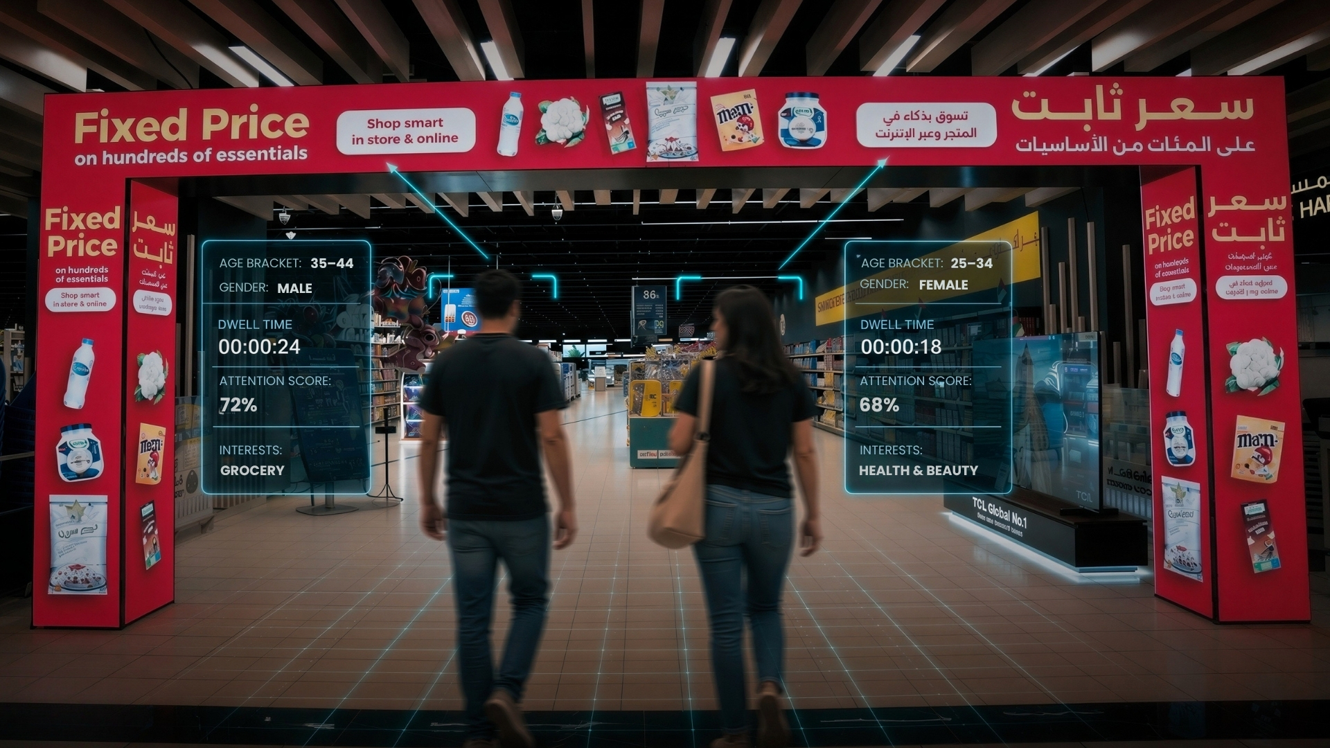 AiOO edge-AI overlay detecting anonymous demographics, dwell time and attention score as shoppers enter a Fixed Price retail store
