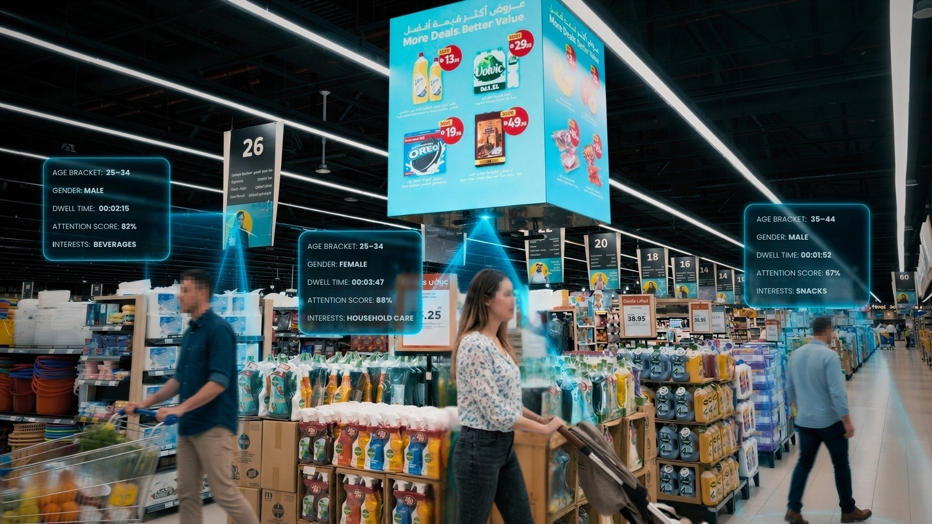 Real-time audience composition across multiple shoppers in a single aisle, with age, gender, dwell time, attention and category interest overlays