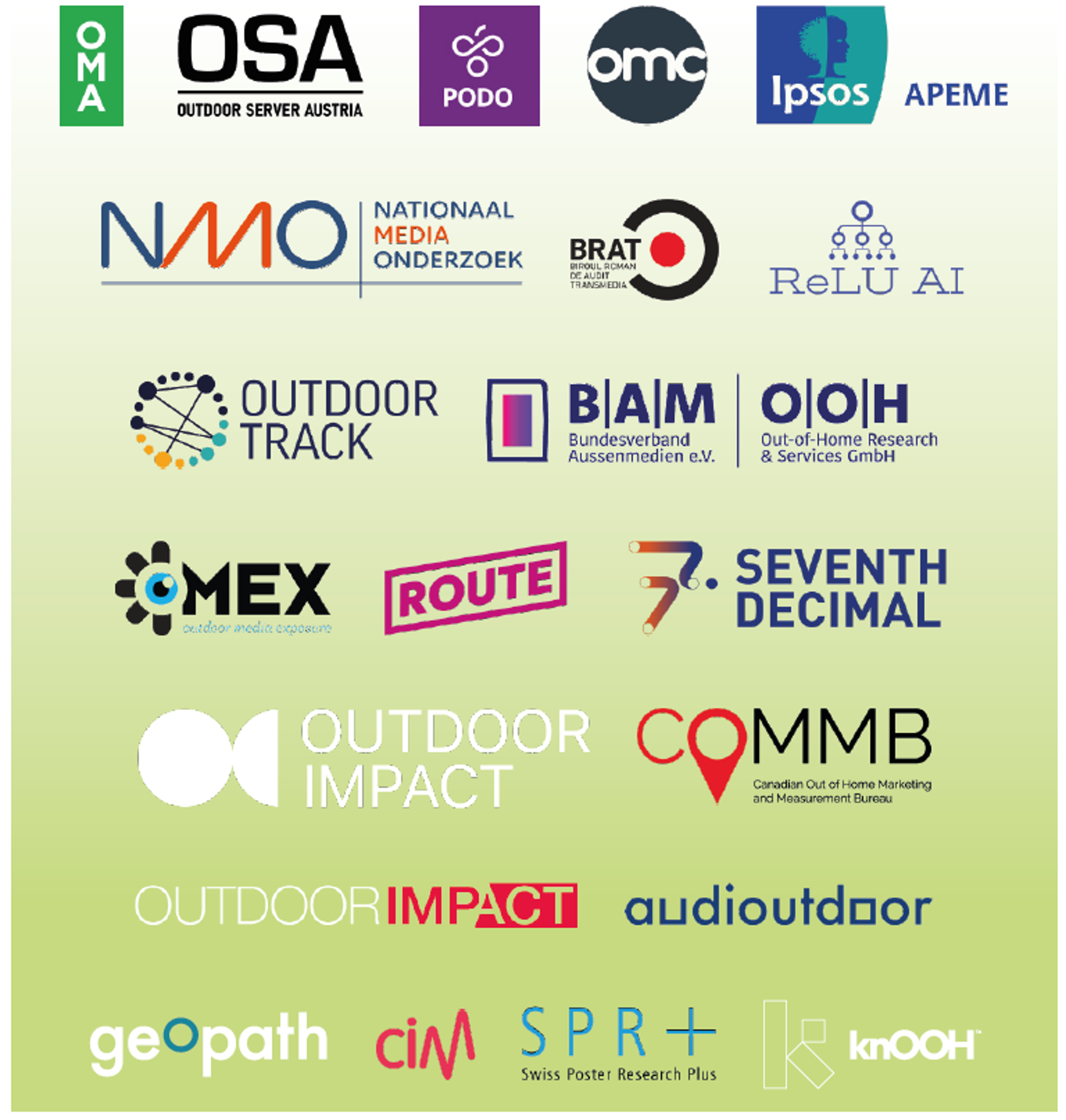 Logos of the 20 measurement bodies contributing to the WOO Global OOH Audience Measurement Guidelines 2.0