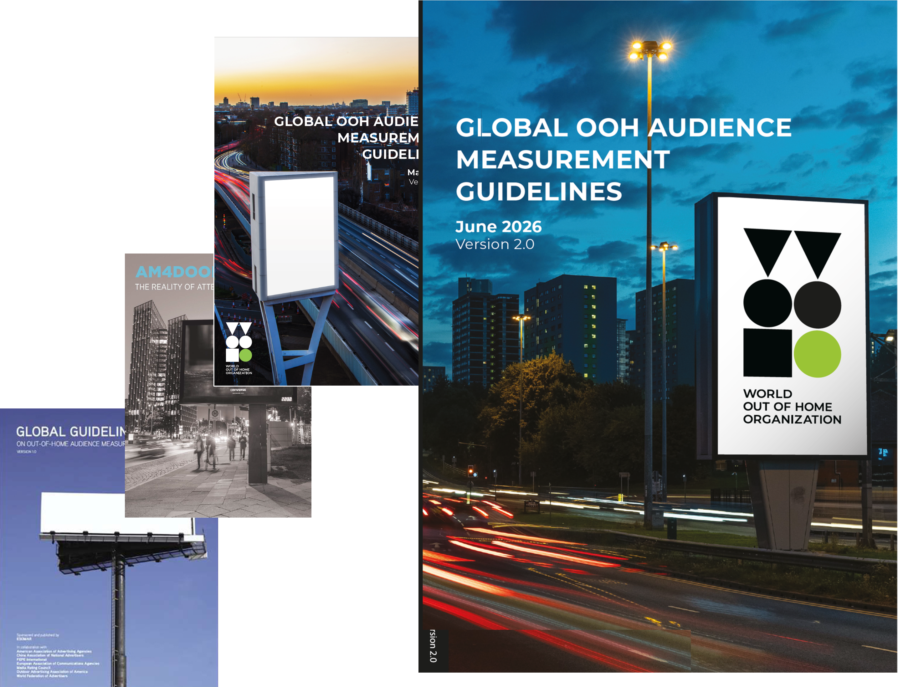 Four editions of the global guidelines on OOH audience measurement, from ESOMAR’s original Global Guidelines in 2009, AM4DOOH and Guidelines 1.0 in 2022, through to WOO’s Version 2.0 in 2026