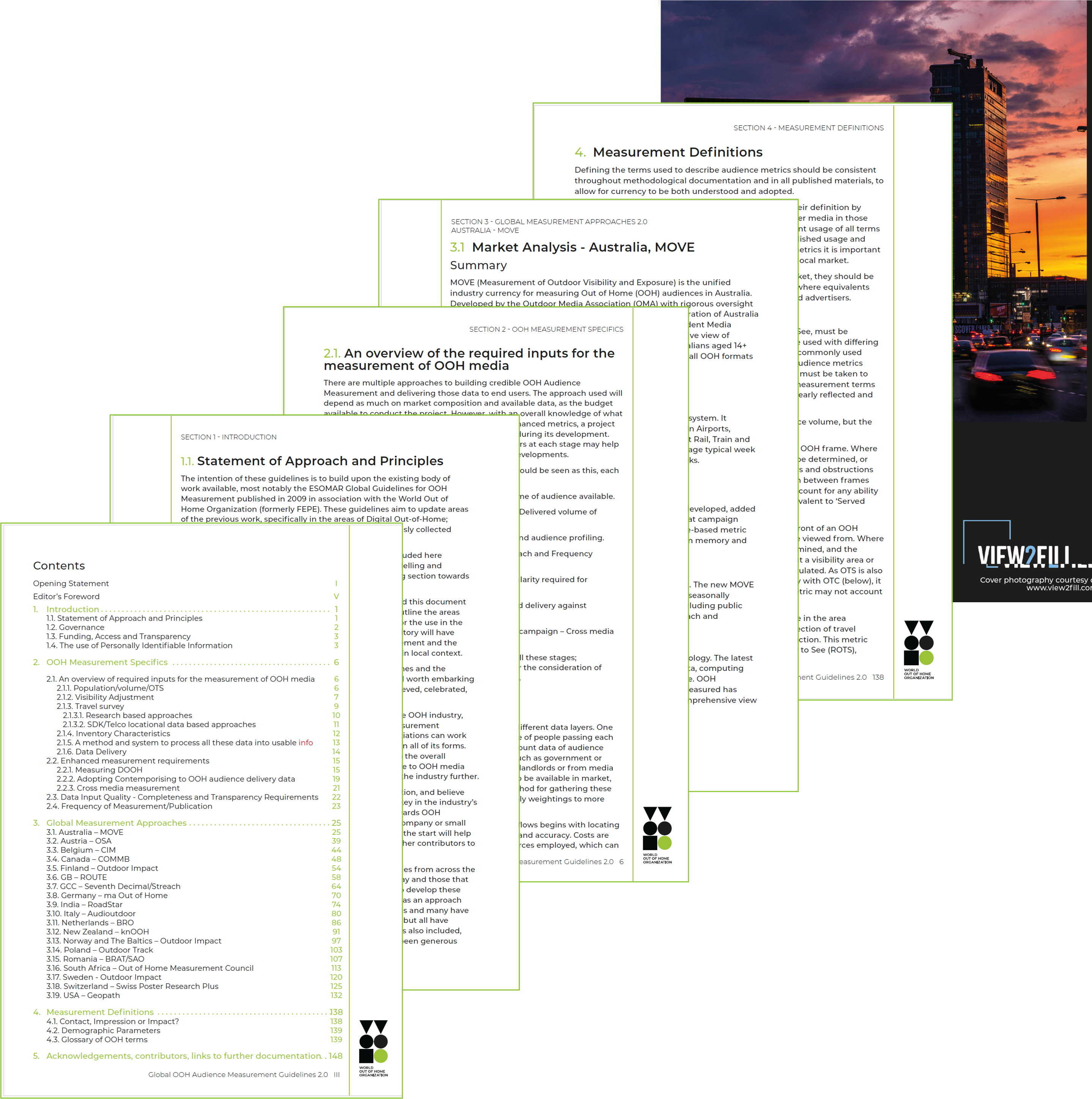 Inside the Global OOH Audience Measurement Guidelines 2.0 — sample pages including the Statement of Approach and Principles, OOH Measurement Specifics, Global Measurement Approaches and Measurement Definitions