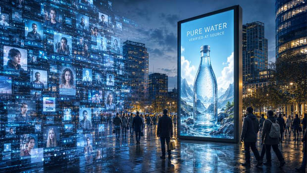 A digital OOH screen for Pure Water stands in a city square, surrounded by a wall of synthetic social media imagery