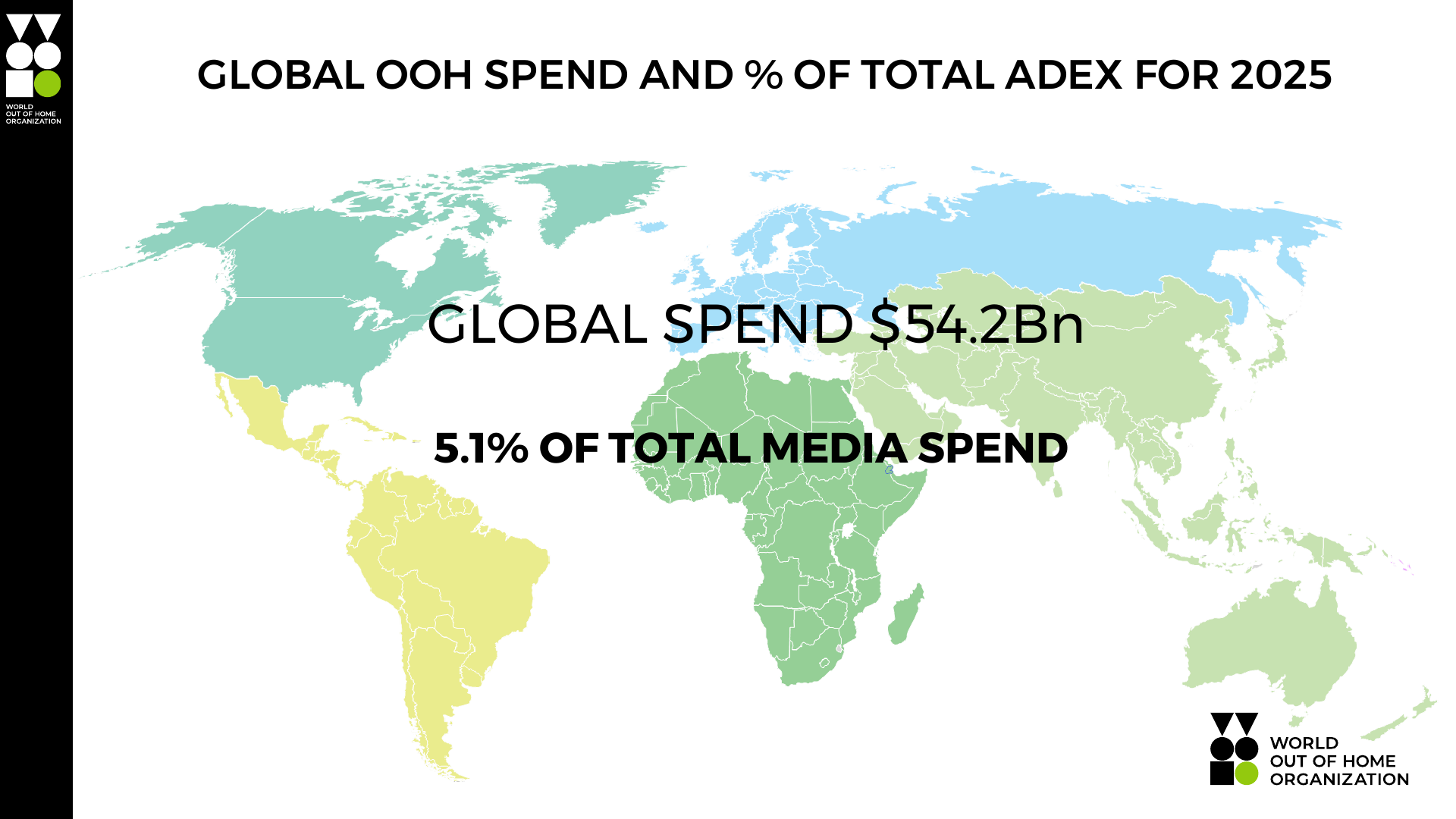 World map showing global OOH spend of $54.2bn for 2025, 5.1% of total media spend