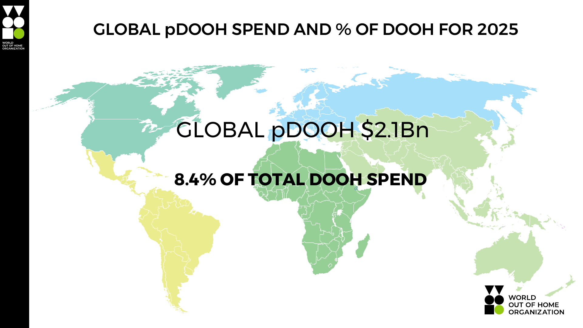 World map showing global programmatic DOOH spend of $2.1bn for 2025, 8.4% of total DOOH spend