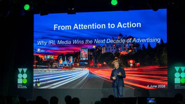Title slide of Nick Brien�s WOO London 2026 presentation: From Attention to Action � Why IRL Media Wins the Next Decade of Advertising