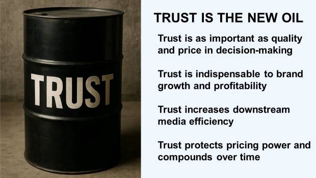 Trust Is The New Oil � presentation slide showing trust as important as quality and price, indispensable to growth and profitability, increasing media efficiency, and protecting pricing power