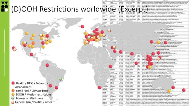 A worldwide map of OOH and DOOH restrictions, with pressure points clustering around health, climate, digital motion, light pollution and public-space aesthetics